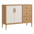 Aparador 100 cm de madera en roble blanco y dorado con puertas acanaladas y cajones
