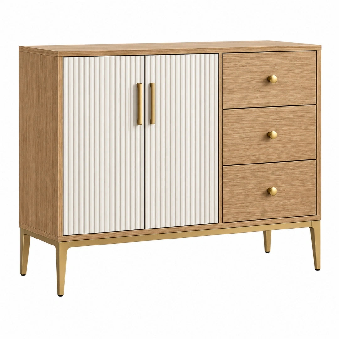 Aparador 100 cm de madera en roble blanco y dorado con puertas acanaladas y cajones