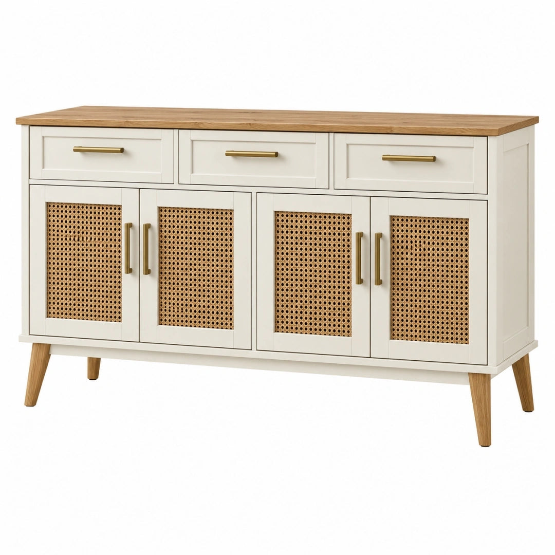Aparador 160 x 40 x 85 cm de madera blanco y natural con rejilla de ratán - Estilo nórdico