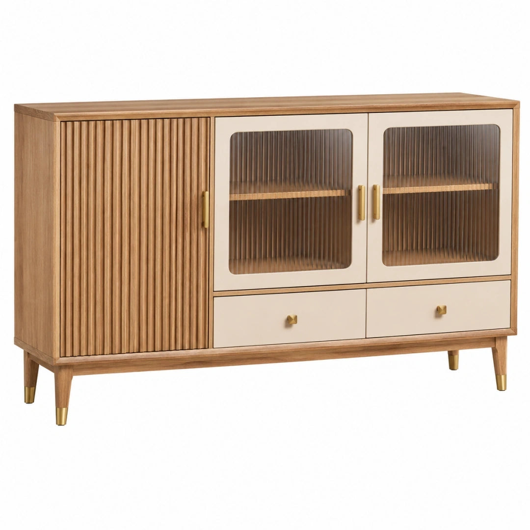 Aparador 140 x 40 x 90 cm de madera marrón y crema con vidrio acanalado - almacenaje moderno