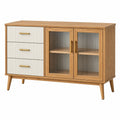 Aparador 120 x 40 x 85 cm de madera natural y blanco con puertas de vidrio acanalado estilo moderno