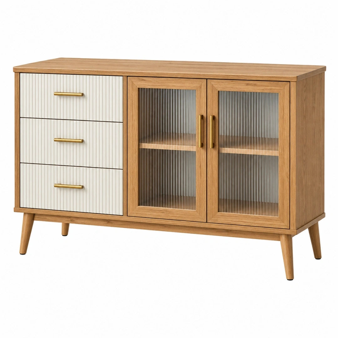 Aparador 120 x 40 x 85 cm de madera natural y blanco con puertas de vidrio acanalado estilo moderno