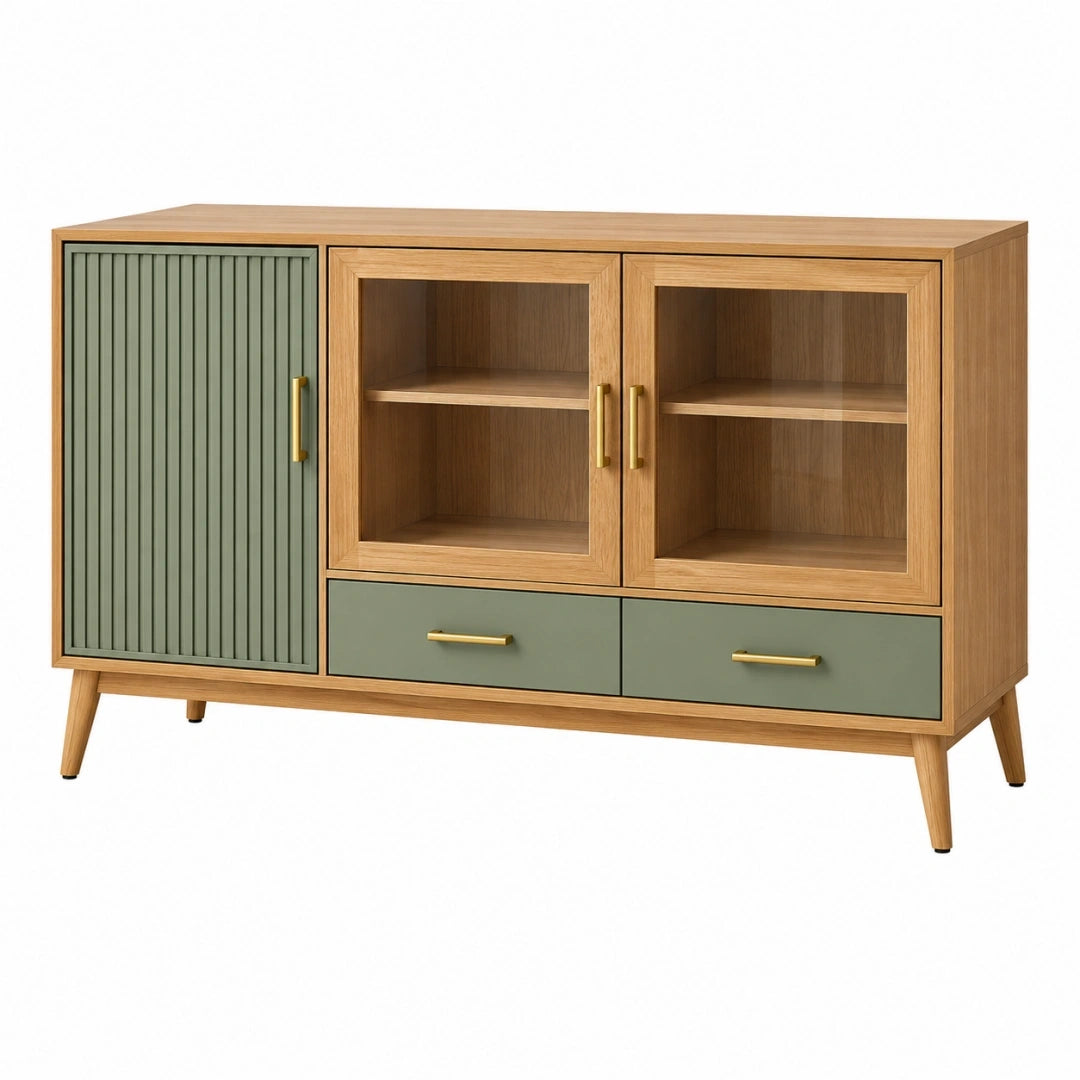 Aparador 160 x 40 x 90 cm de madera y vidrio natural verde salvia con cajones estilo moderno