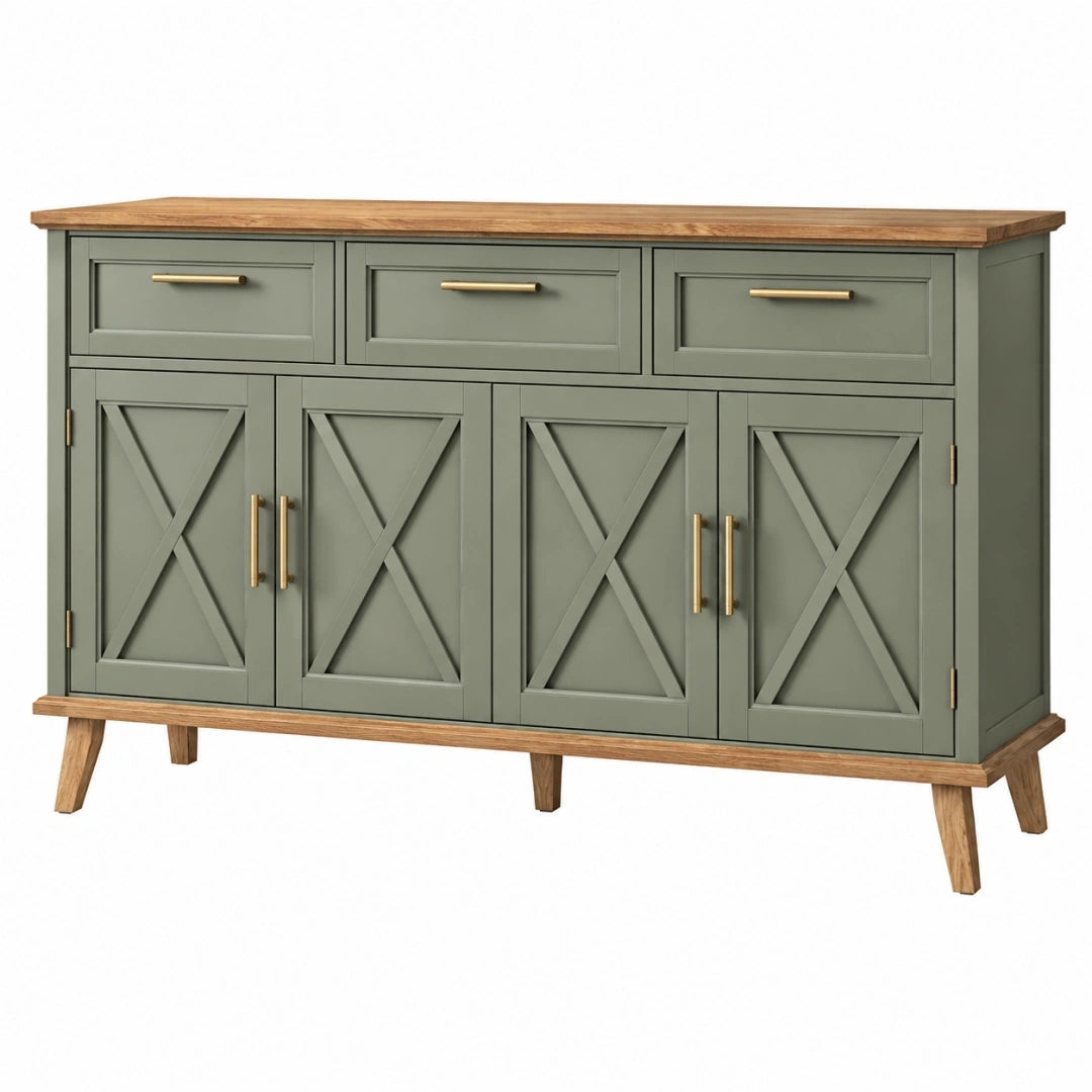 Aparador 160 x 45 x 90 cm de madera verde y natural con 3 cajones y 4 puertas estilo rústico