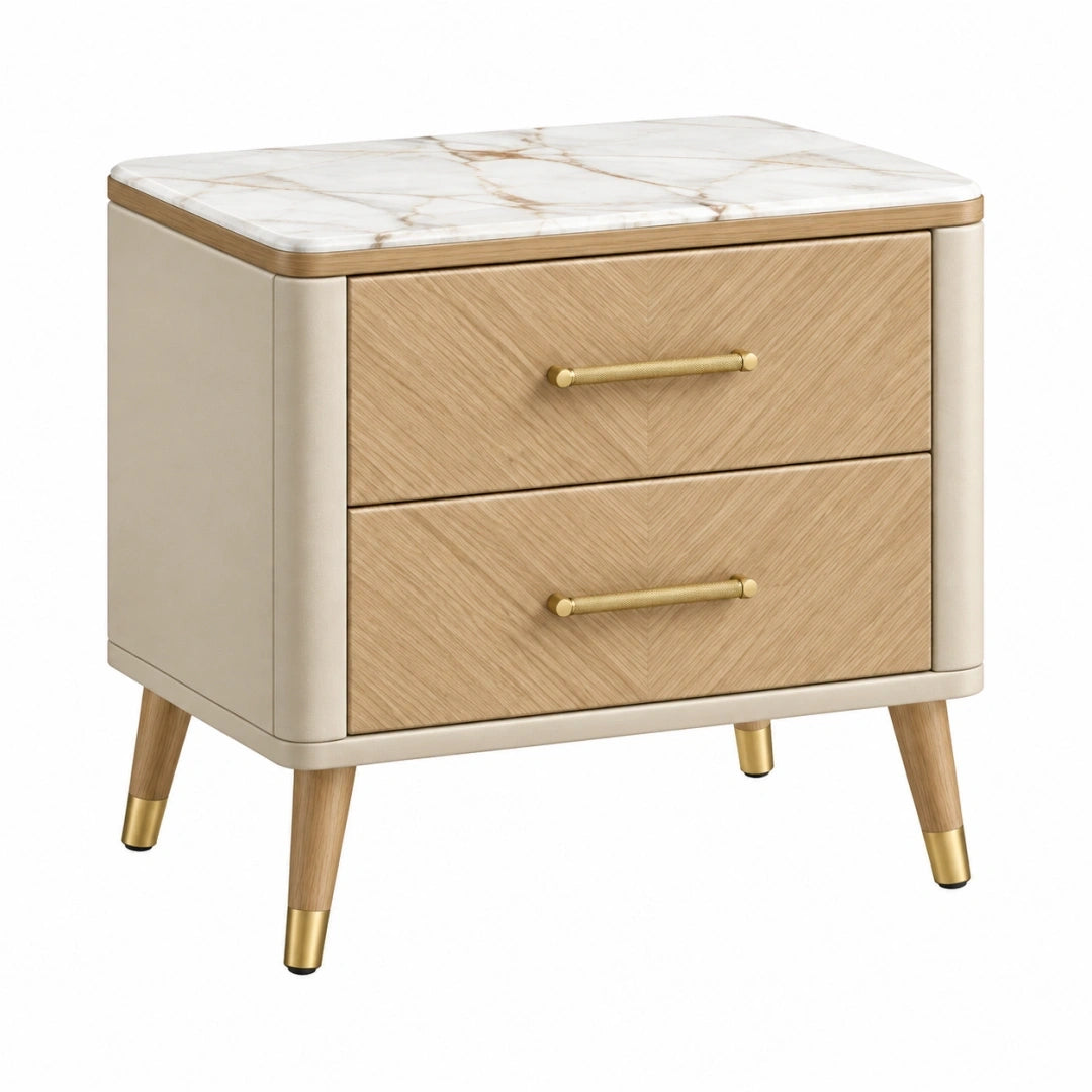 Mesita de noche 60 x 45 x 60 cm de madera beige con encimera efecto mármol y 2 cajones - estilo moderno
