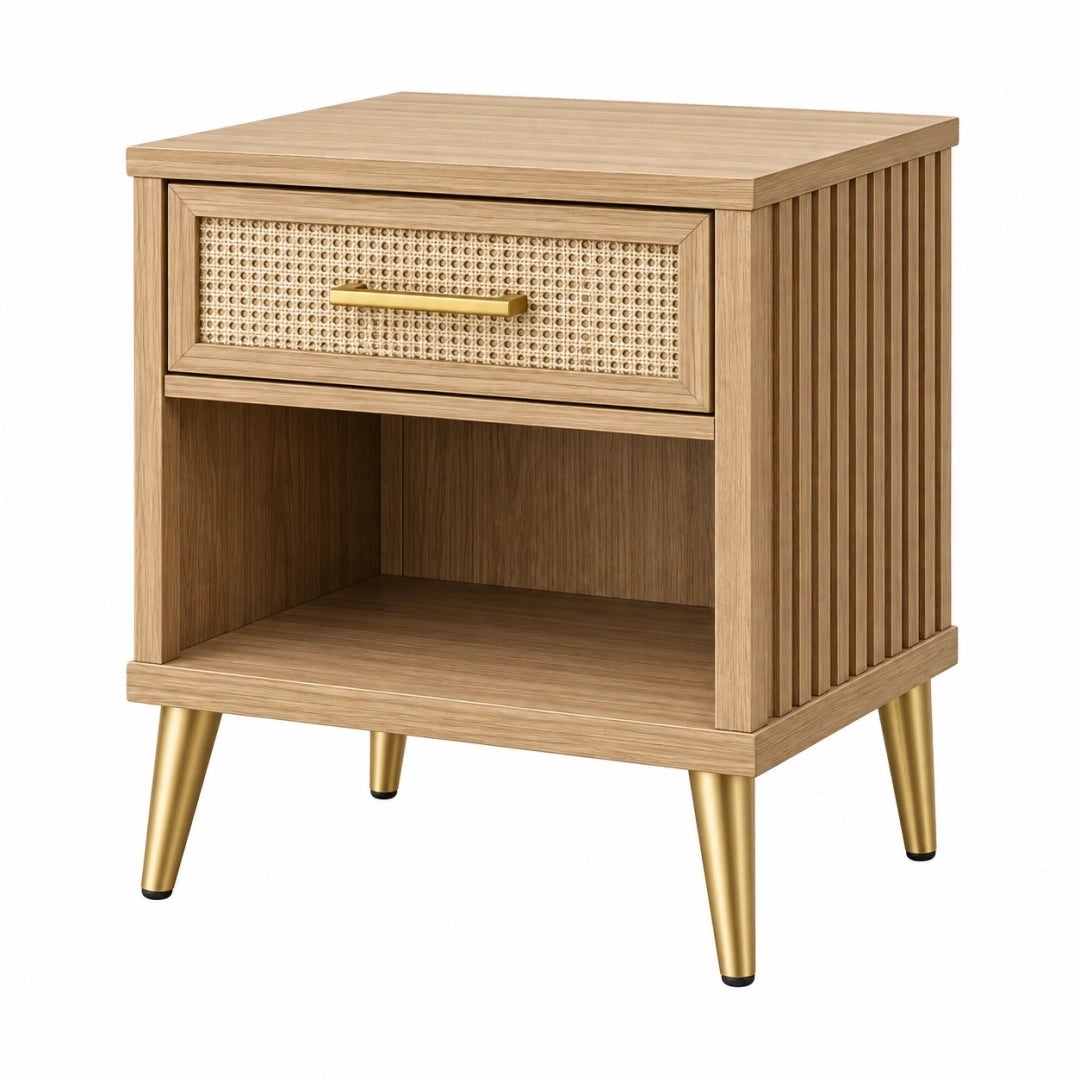 Mesita de noche 45 x 40 x 60 cm efecto madera natural con cajón y rejilla de ratán estilo retro