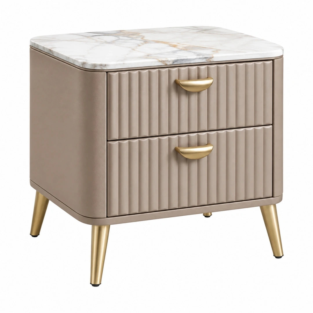 Mesita de noche 50 x 40 x 55 cm beige con superficie efecto mármol y 2 cajones estilo contemporáneo
