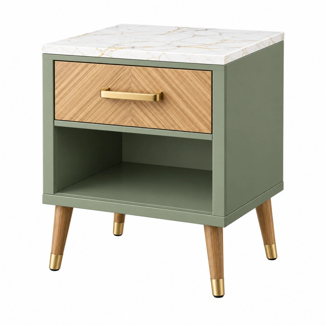 Mesita de noche 50 x 40 x 60 cm de madera verde con cajón y estante estilo moderno