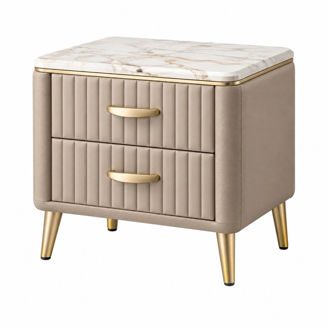 Mesita de noche 50 x 40 x 55 cm tapizada beige con dos cajones y tapa efecto mármol