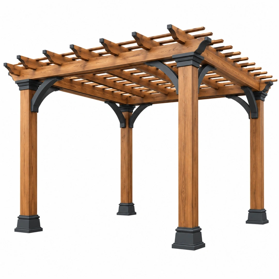 Pérgola de jardín 300 x 300 x 250 cm de madera marrón y metal negro con techo de lamas