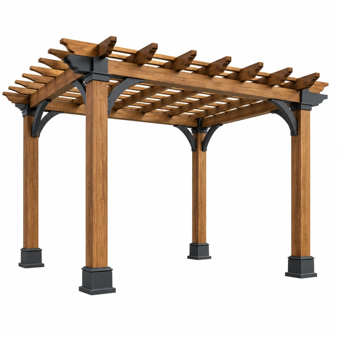 Pérgola de jardín 400 x 300 x 250 cm de madera y acero marrón/negro con techo de lamas
