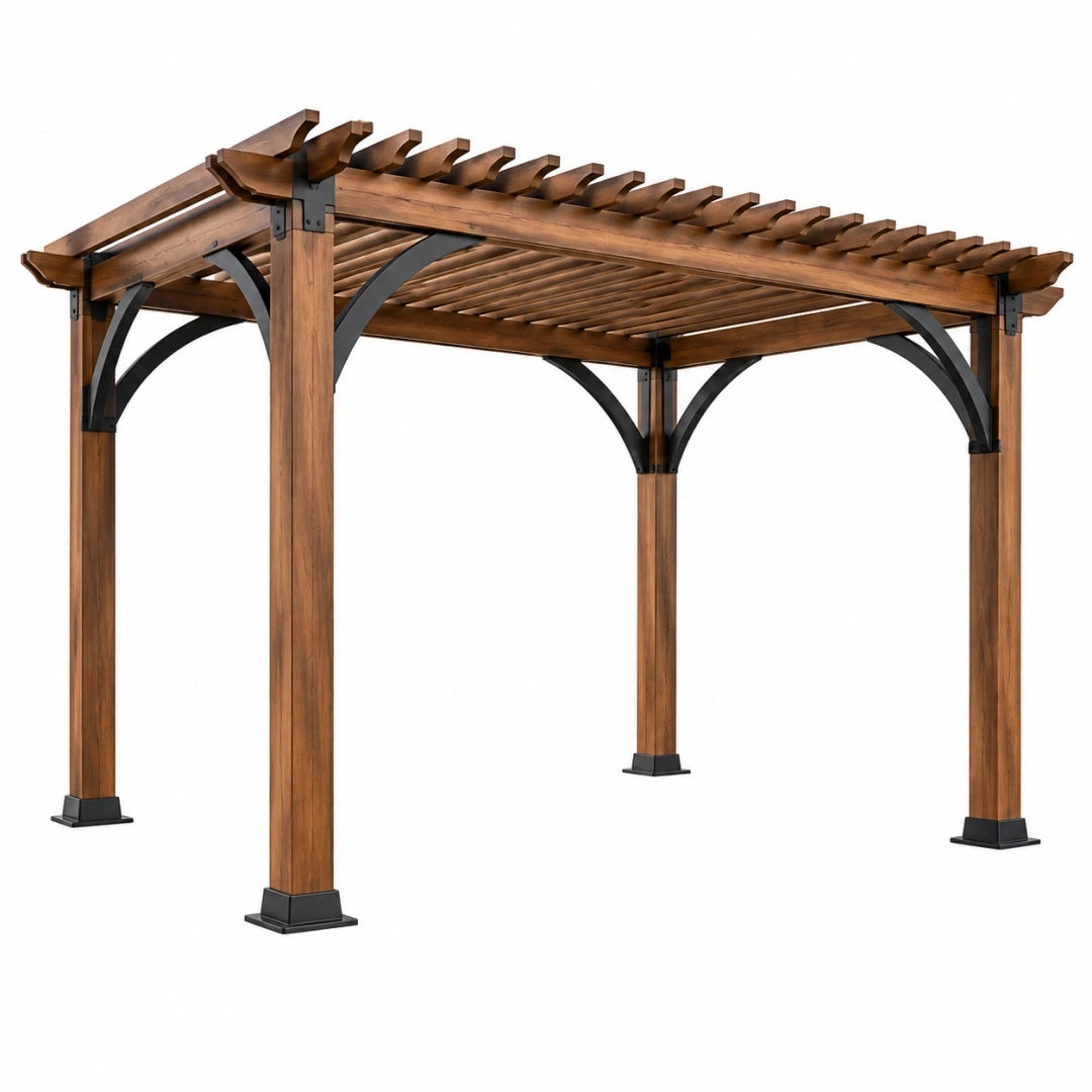 Pérgola de jardín 365 x 305 x 250 cm de madera marrón con estructura de acero para exterior