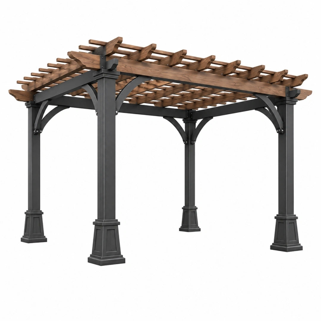 Pérgola de jardín 300 x 300 x 250 cm de madera y metal marrón/negro con techo de lamas