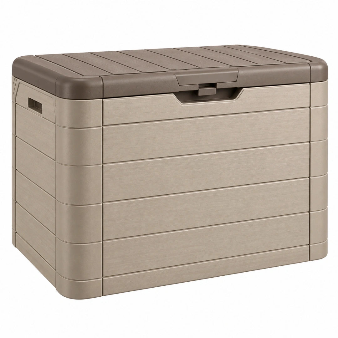 Baúl de almacenamiento 120 x 60 x 63 cm de plástico taupe para exterior