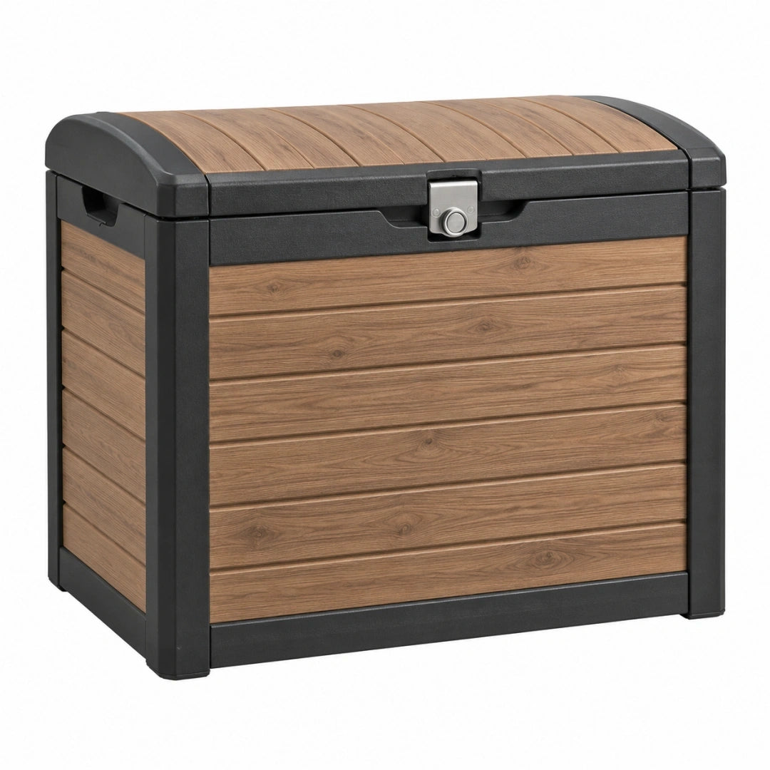 Arcón de almacenamiento 78 x 78 x 70 cm de resina marrón y negro con tapa abatible para exterior