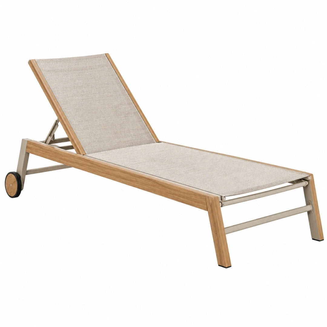 Tumbona de jardín 200 x 70 x 35 cm de madera y textil beige reclinable con ruedas