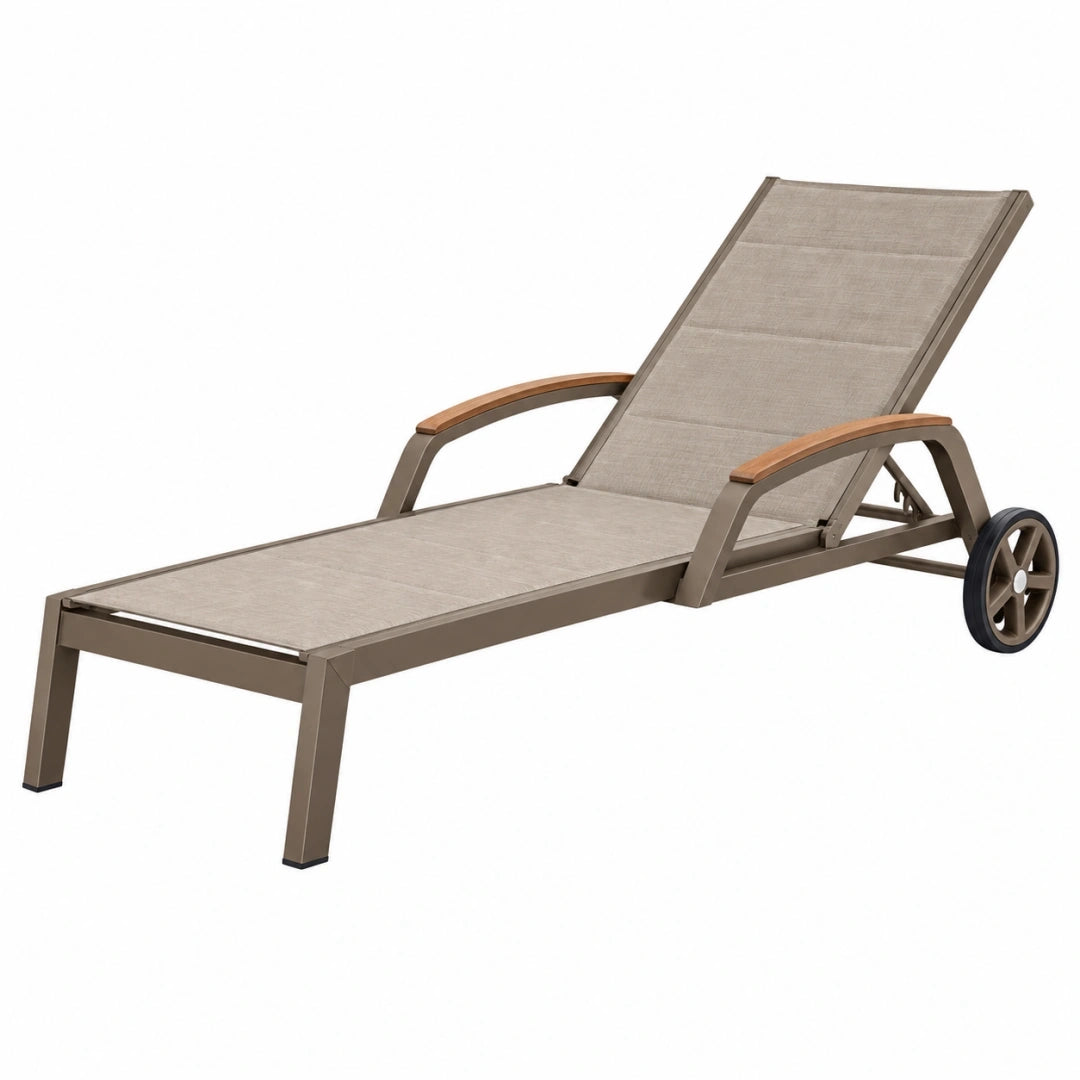 Tumbona de jardín 196 x 65 x 96 cm de metal y textileno taupe con ruedas reclinable