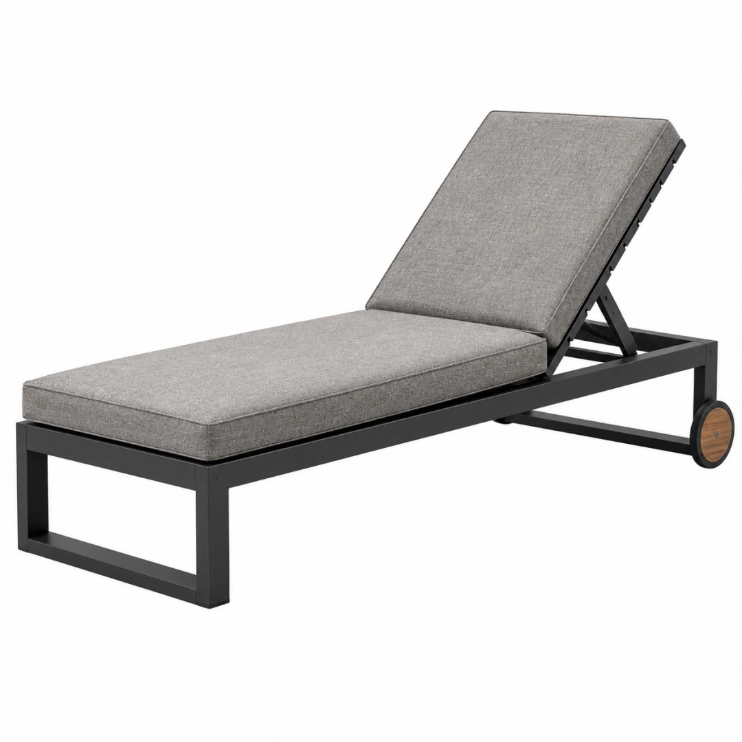 Tumbona de exterior 200 x 70 cm de metal negro y cojín gris reclinable con ruedas