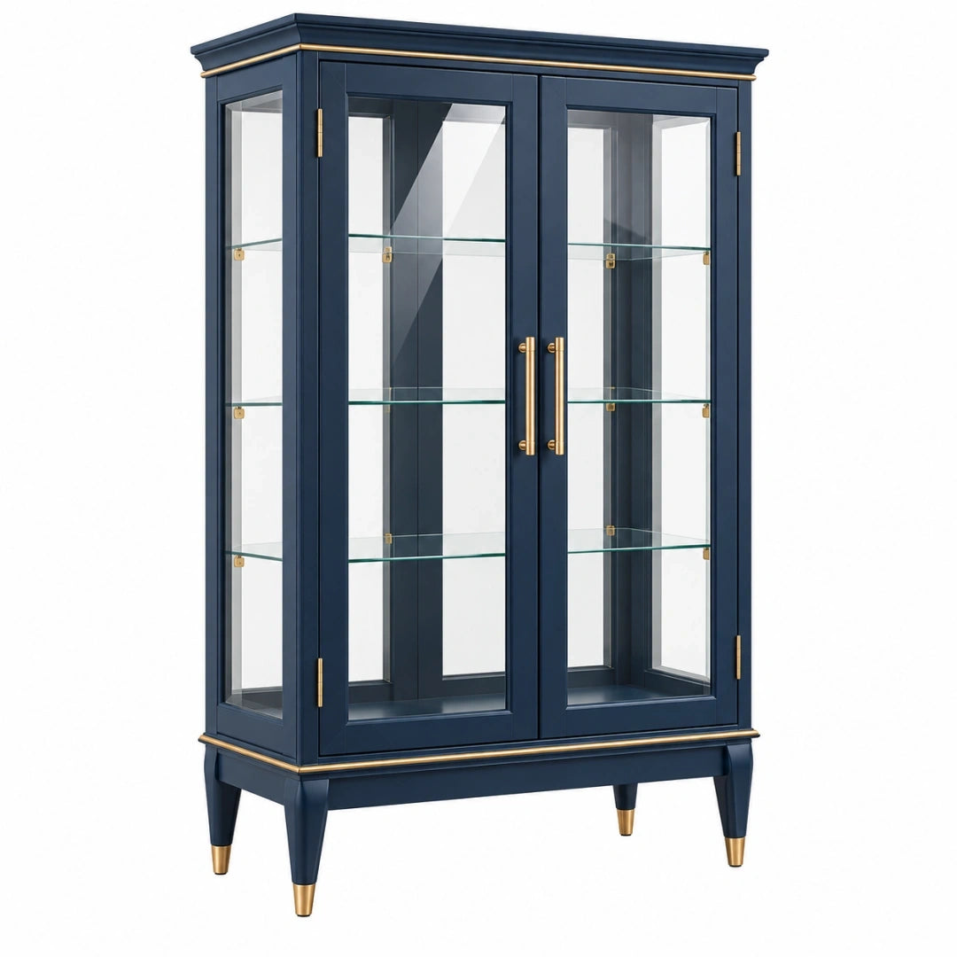 Vitrina 100 x 40 x 180 cm de madera y vidrio azul marino dorado con 2 puertas para exposición