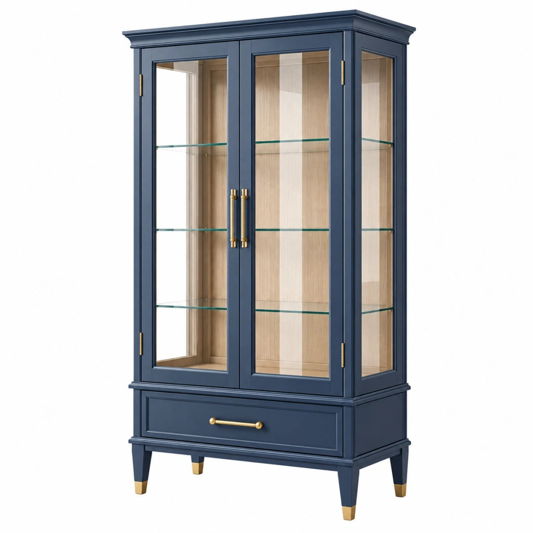 Vitrina 90 x 40 x 190 cm de madera azul marino con cristal y cajón estilo clásico