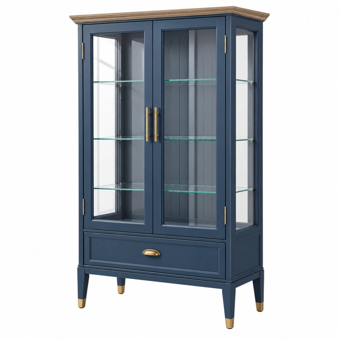 Vitrina 90 x 40 x 180 cm de madera azul con puertas de vidrio y cajón